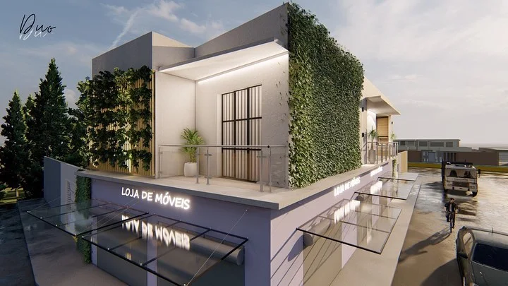 Fachada residencial contemporânea com volumes claros e vegetação